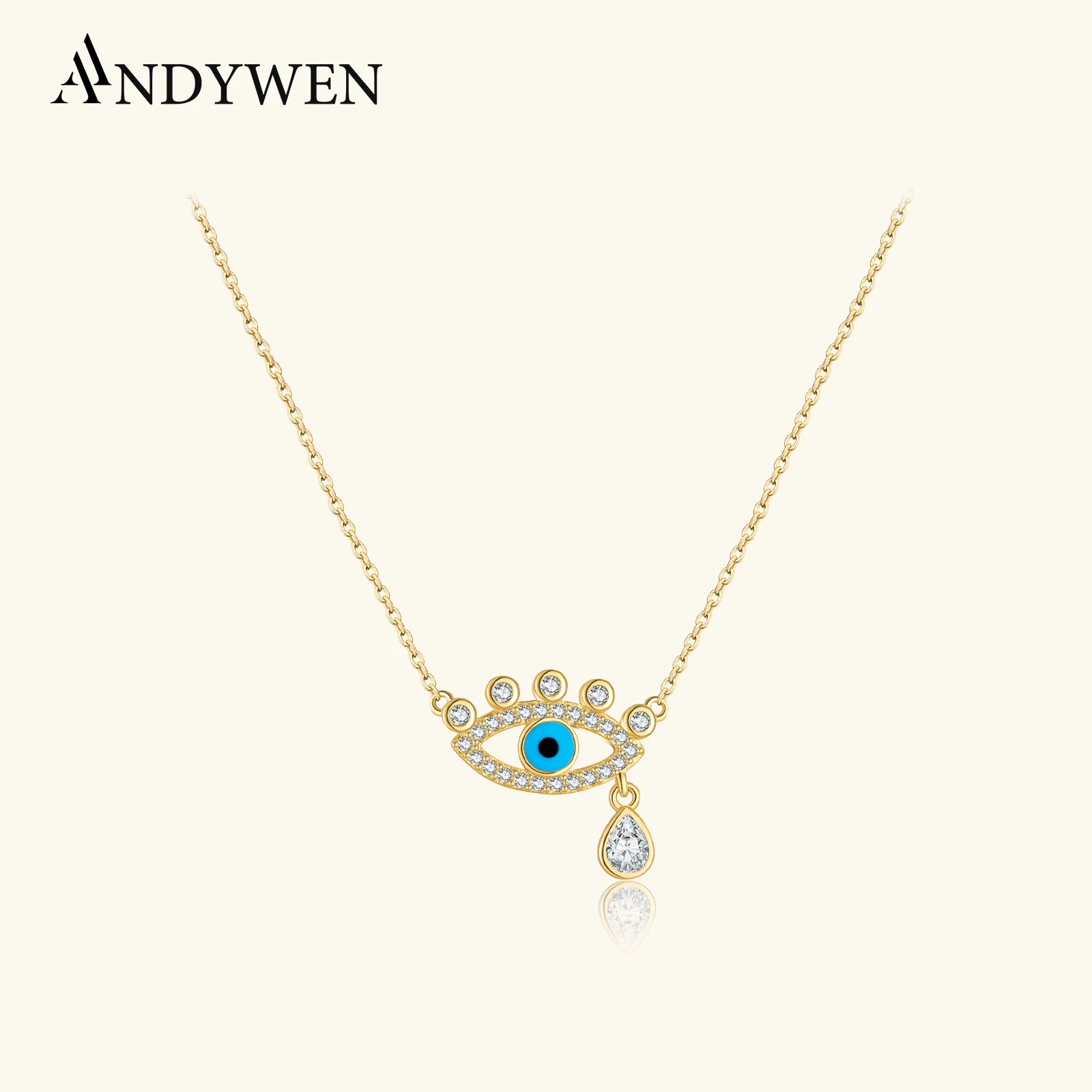 ANDYWEN 925 Sterling Silver Evil Eye Pear Shape Charm Blue Enamel Zircon CZ Long Necklace Luxury Rock Punk Gift Fashion Jewelry