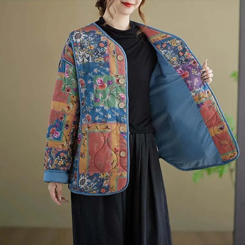 Women Vintage Stand Loose Print Floral Jacket Cotton Linen Long Sleeve Padded Coats 2026 Winter New Chinese Style Coat