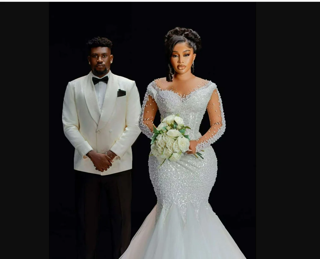Customized Sparkly Heavy Beads Sequins Bridal Gowns Vestido De Noiva  Plus Size Long Sleeves Wedding Dress For Bride