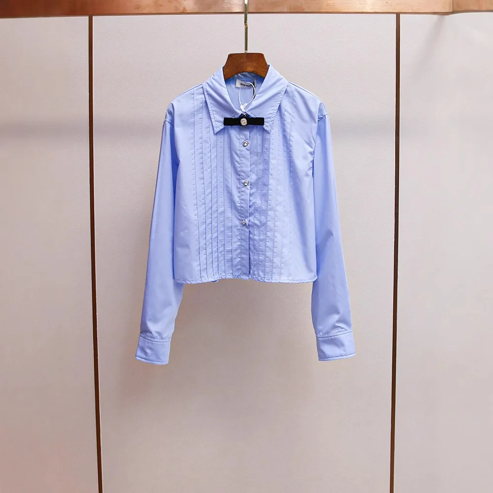 

High-End Women's Faionable ort irt Diamond Embellied Vertical Stripes Turn-down Collar Long Sve Autumn New Arrival