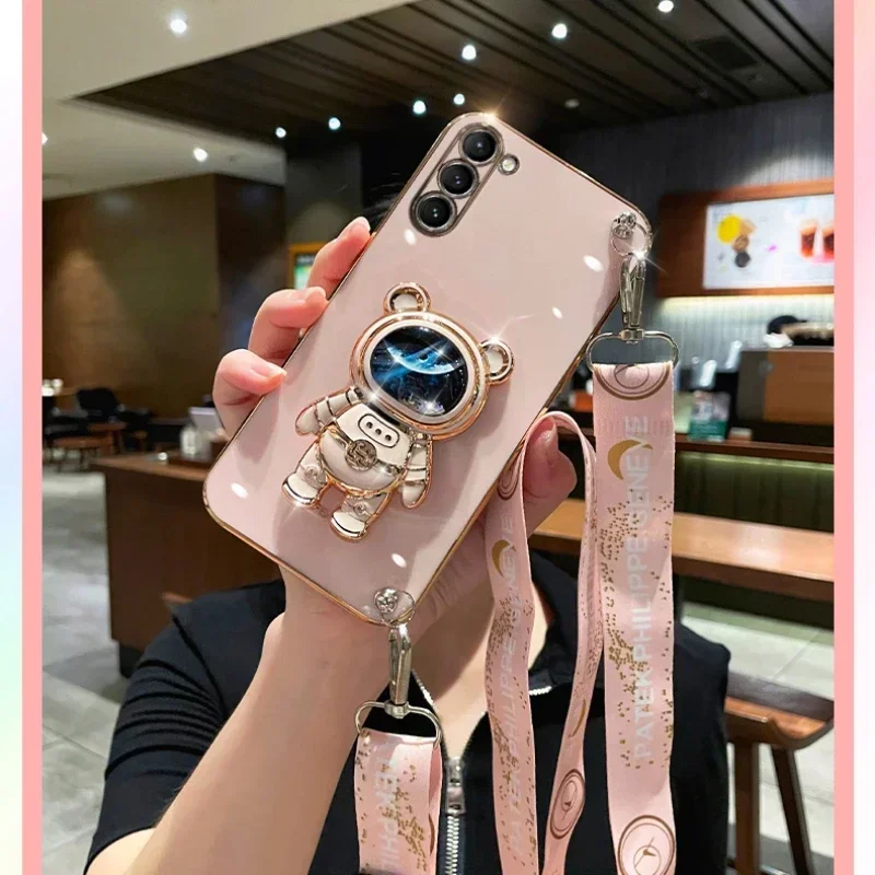 Crossbody Lanyard Quicksand Space Bear Plating Case for Samsung Galaxy A16 A06 A26 A36 A56 5G Silicone Cover