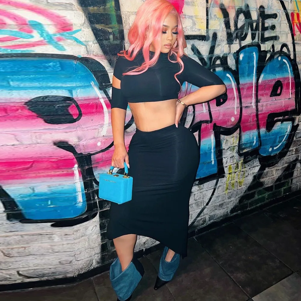 

2 piece set women clothes crop top t-shirt and long skirt sets black sexy streetwear bodycon outfits hollow out side bandage