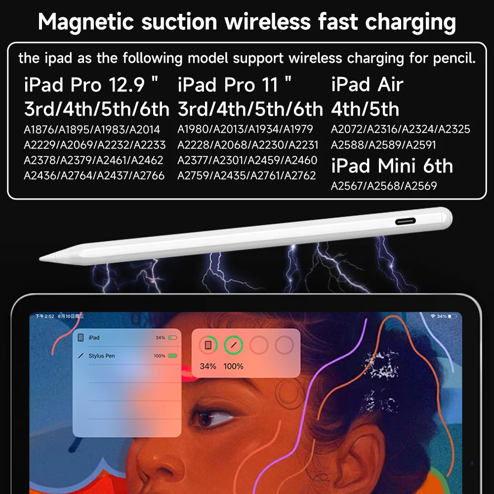 For Apple Pencil 2 Wireless Charging Bluetooth Stylus for iPad Pencil Palm Rejection Tilt Induction Power Display iPad Pen