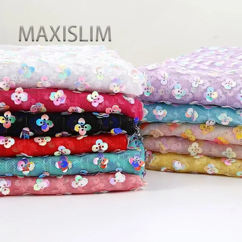 

Four Leaf Flower Mesh embroidery Sequin Fabric Wedding Drees Photography Background Tablecloth Stage Clothing Fabric Width 125CM