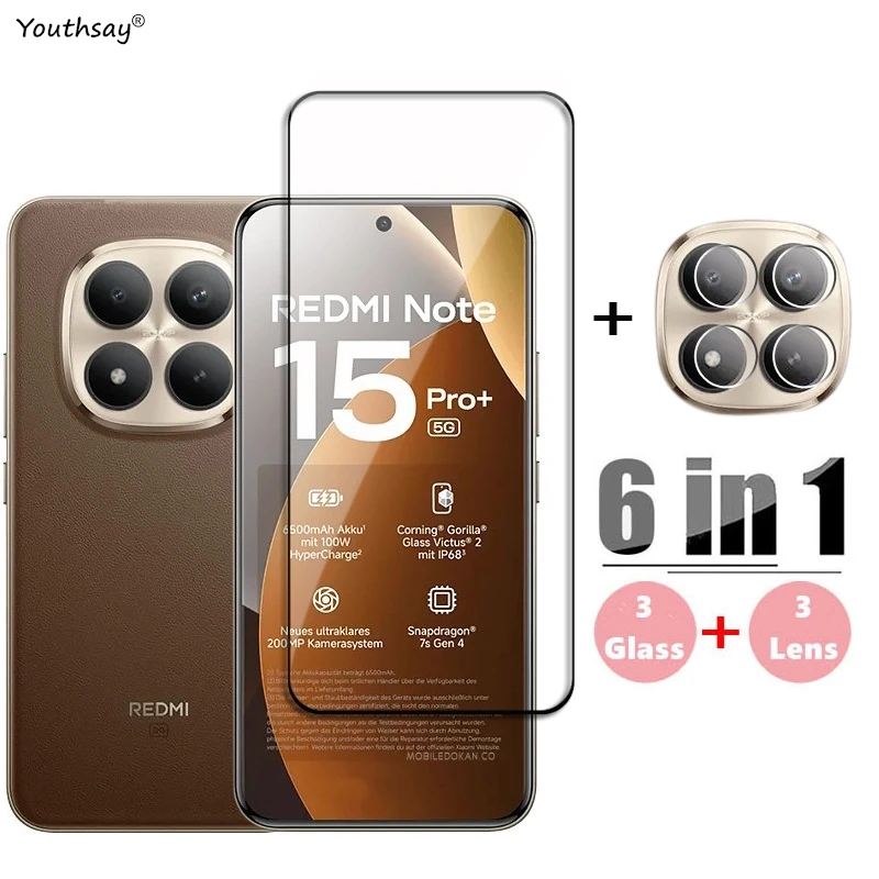 6in1 Glass For Redmi Note 15 Pro Plus Full Cover Tempered Glass Redmi Note 15 Pro+5G Screen Protector Protective Phone Lens Film