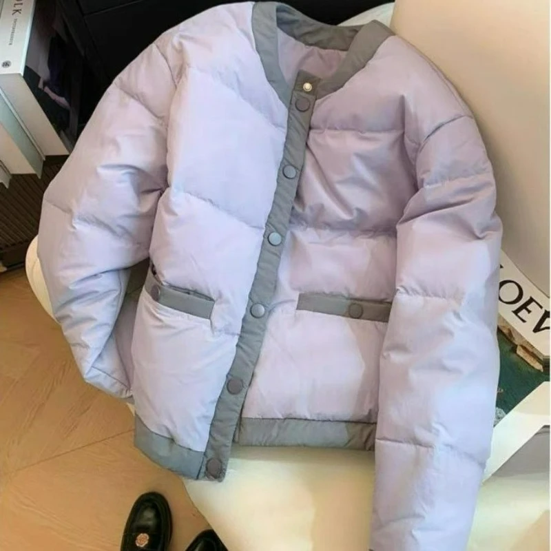

high-end and elegant Winter Purple Outerwear Round-neck Cotton-padded Jacket A New Loose Short Petite Stylish and Warm Jacket