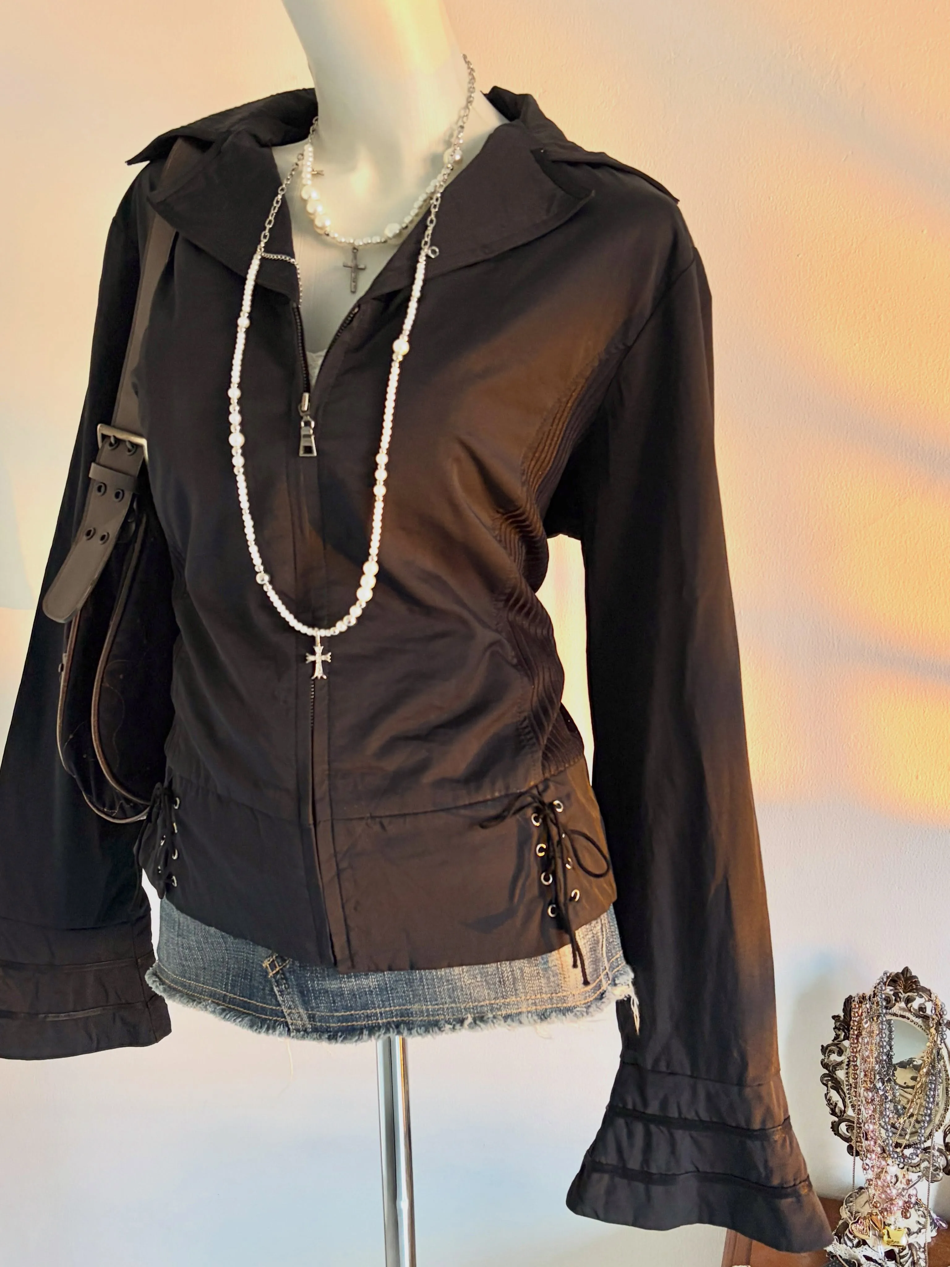 Y2K Gothic Women Cropped Jacket Zip Lapel Flare Sleeve Side Lace‑Up Slim Short Coat Street Punk Outerwear For Wholesale