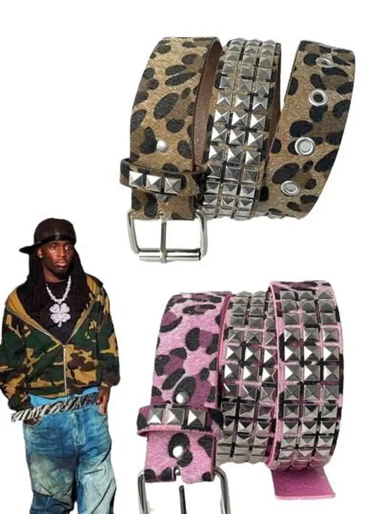 Y2K Leopardenmuster Nieten-Gürtel Unisex Punk Gothic Pyramiden-Nieten Metallspikes Kunstfell Taillengürtel für Damen Herren Jeans Streetwear