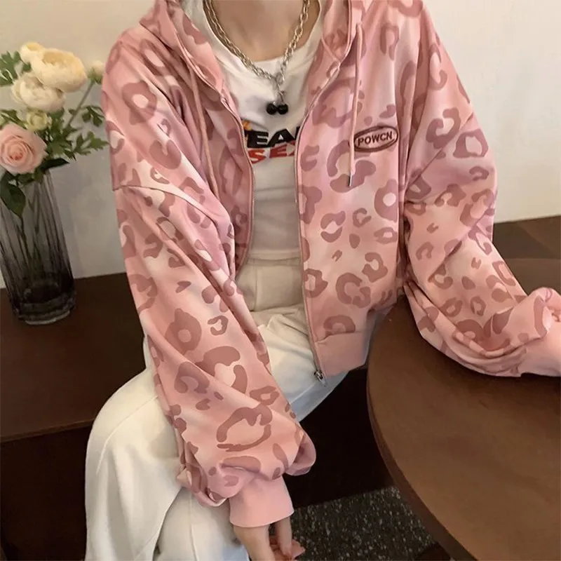 Pink Leopard Print Zippered Hoodie, Retro Harajuku, Outdoor Sportswear, Aesthetic Clothing, Casual Short Jacket, Fashion