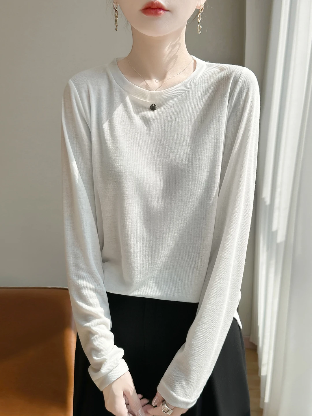

Spring Autumn Premium Spun Long Sve Knitted Women's round Ne Thin T-irt Faionable Versatile Color Light Sweater