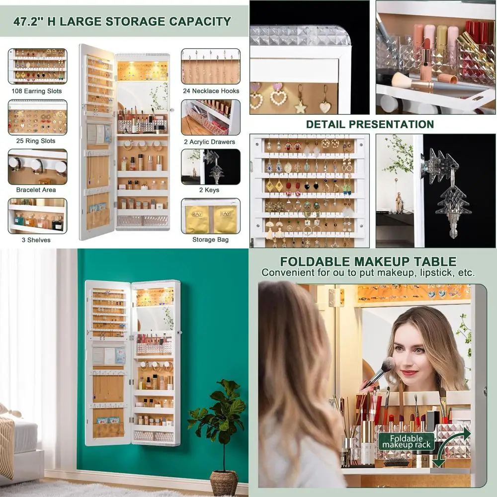 

47,2 Настенный зеркальный шкаф для ювелирных изделий в полный рост с наддверным хранилищем, 2 ящиками, 3 полки, запираемый, белый