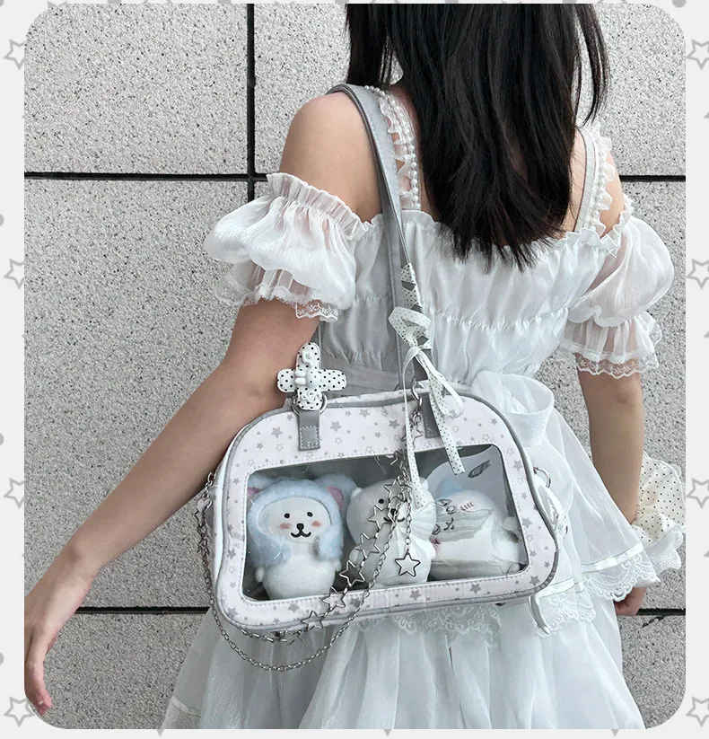 Kawaii Star Print Canvas Second Dimension Comic-Con Itabag Womens Sweet Lolita Bow Decor Transparent Window Doll Display Handbag