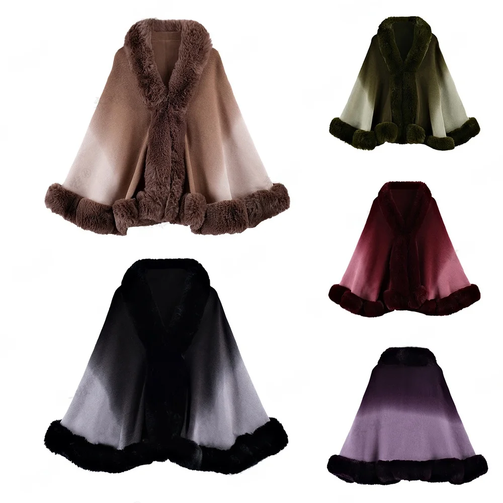 

New Autumn Winter adient Color Rabbit Fur Collar awl Cowl Ne Wrap Oversize Wide Ele Sle No Brand Batwing Sve