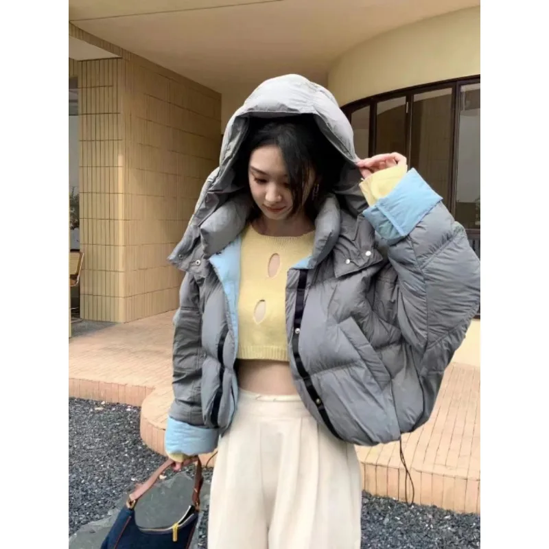 Women's White Duck Down Coat Winter Warm Reversible Wear New Casual Patchwork Bread Jacket Outerwear Fashion High Quality Hooded