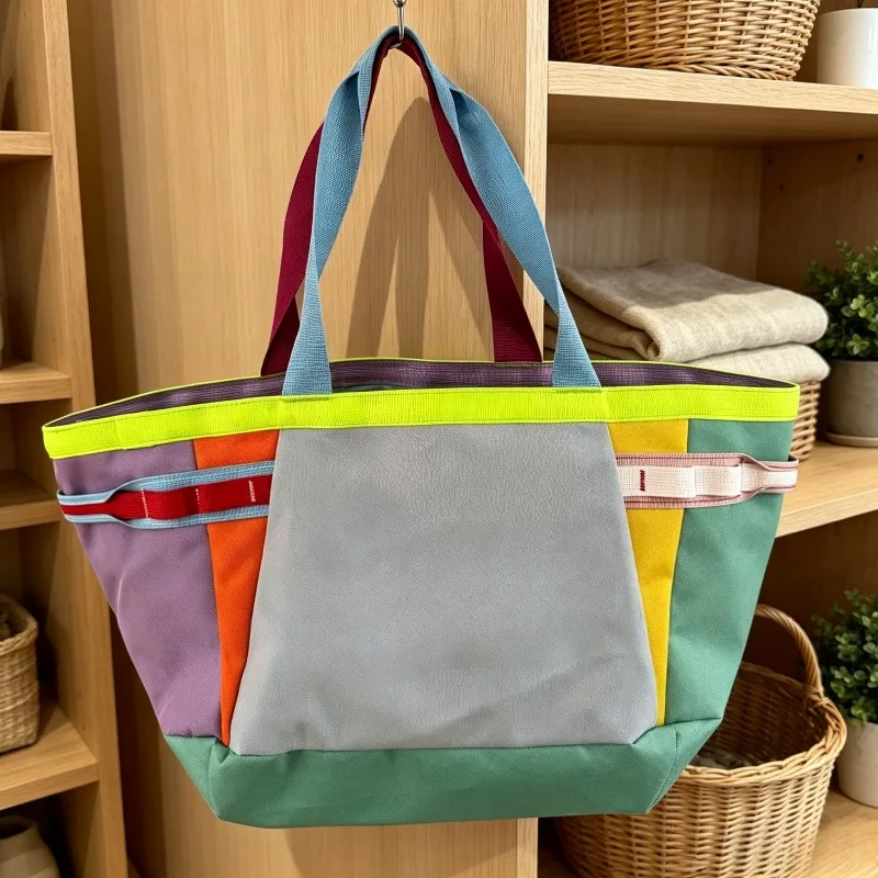 2026 New Splicing Color Contrasting Tote Bag for Women, Large Capacity Waterproof Nylon Casual Single Shoulder Underarm Bag