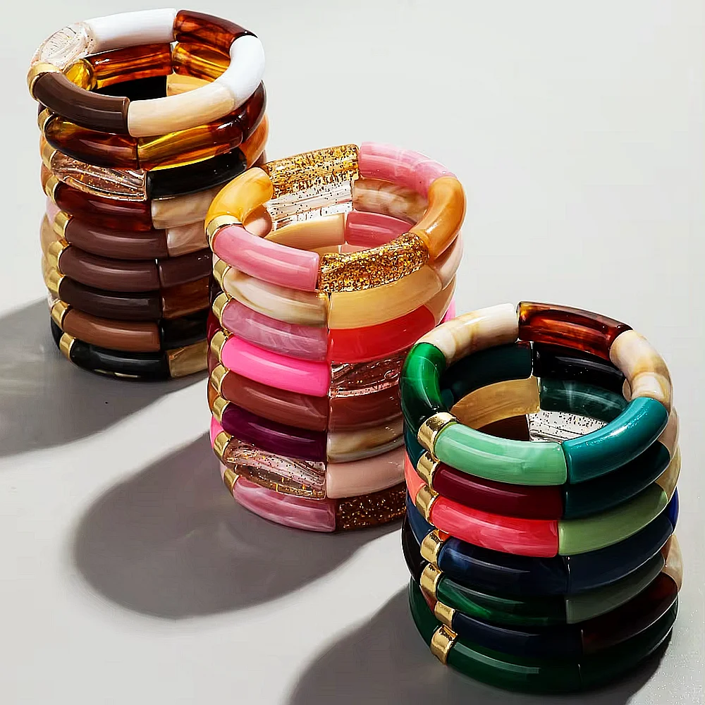 Bohomia New Acrylic Chunky Bamboo Stackable Bracelet for Women Boho Elastic Colorful Tube Beads Braceletes 2024 Fashion Jewelry