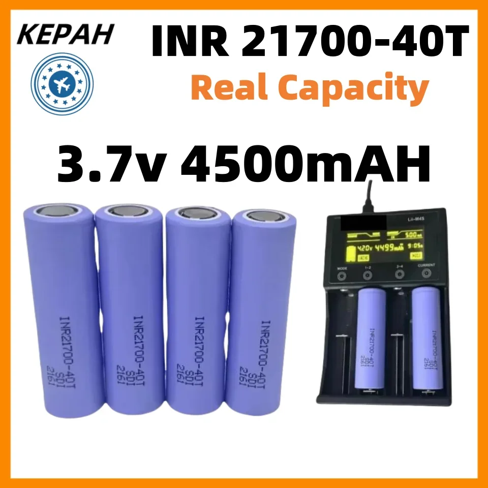 INR21700-40T Bateria Recarregável, 4500mAh, 3.7V, 4000mAh, 50A Poder, Baterias de Alta Descarga Li-ion para Ferramentas Elétricas