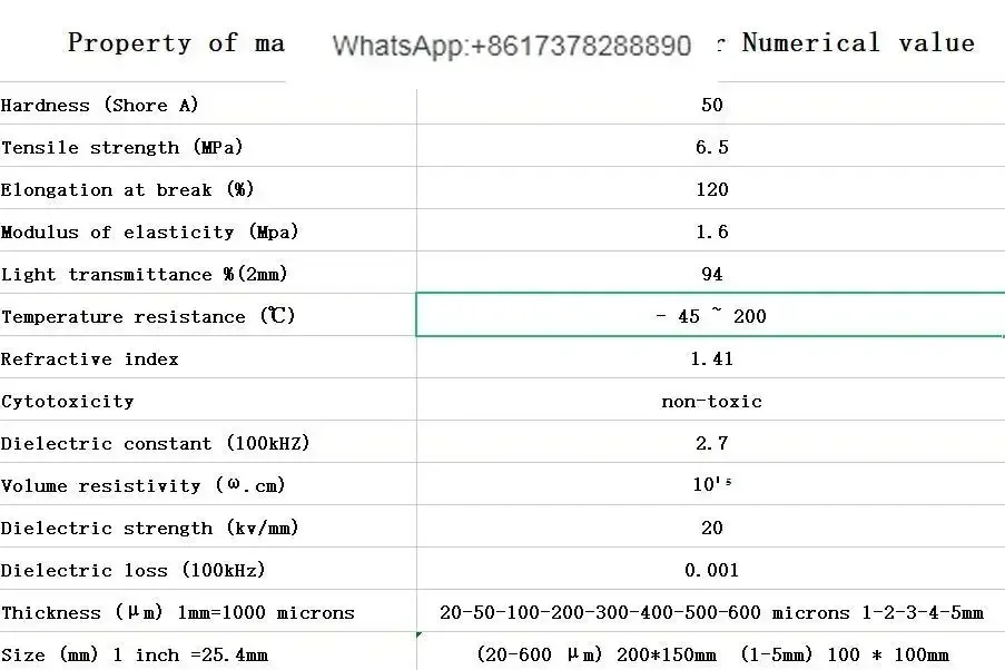 فيلم PDMS فيلم السيليكون العضوي عزل مسعور بولي ديميثيلسيلوكسان فيلم شفاف درجة الحرارة ومقاومة الطقس م