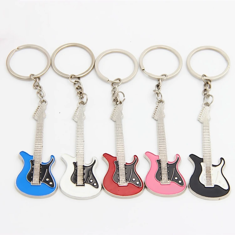 100Pcs Guitar Key chain Metal 6 colour KeyChain Cute Musical Car Key Ring Silver Color pendant For Man Women Party Gift