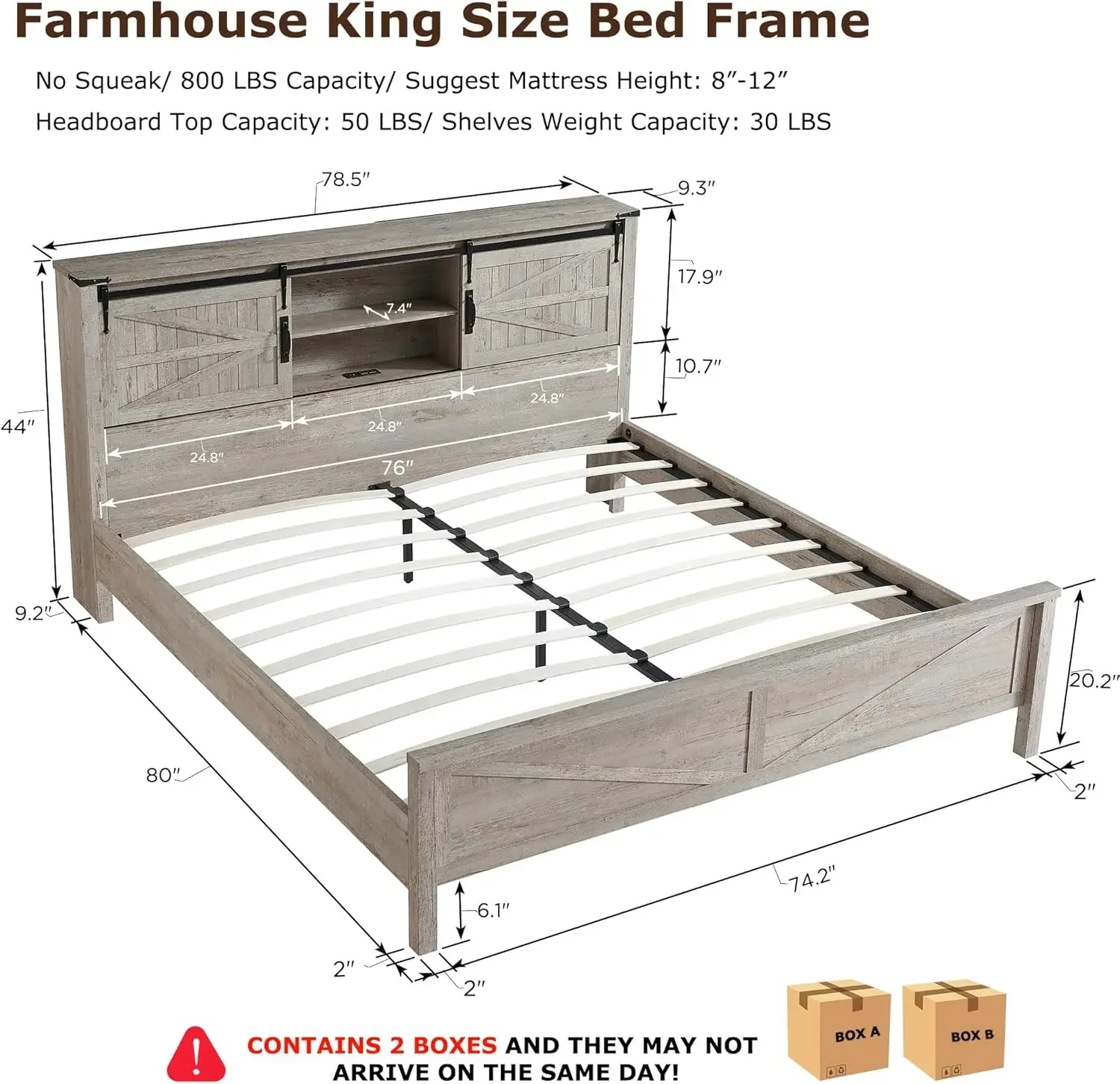 Cadre de lit King Size de ferme avec bibliothèque de rangement, planche de sauna, porte de grange market, station de charge, plate-forme en bois rustique