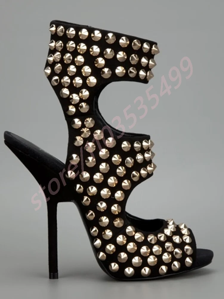 

Gold Rivet Sexy Ladies Roman Sandals 2025 Summer New Open Toe Hollow Luxury Thin High Heel Sandals Street Fashion Party Sandals