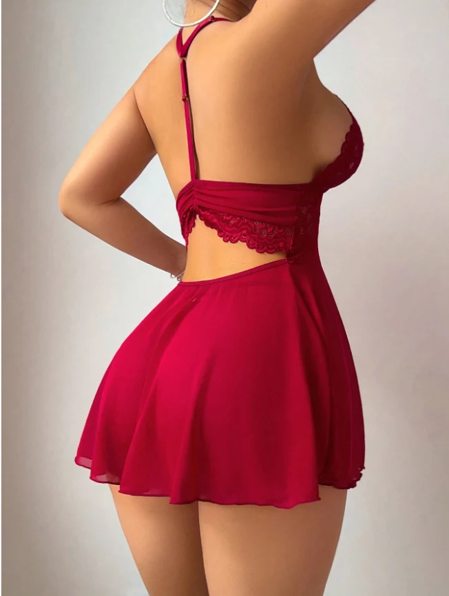 Women's Wine Red Sheer Mesh Floral Lace Halter Deep V Front Tie Wavy Mini Sexy Fitted Loungewear Slip Nightgown