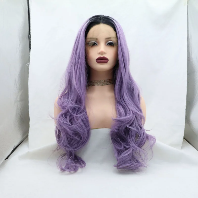 Gradient purple long wavy hair daily use synthetic lace front wig