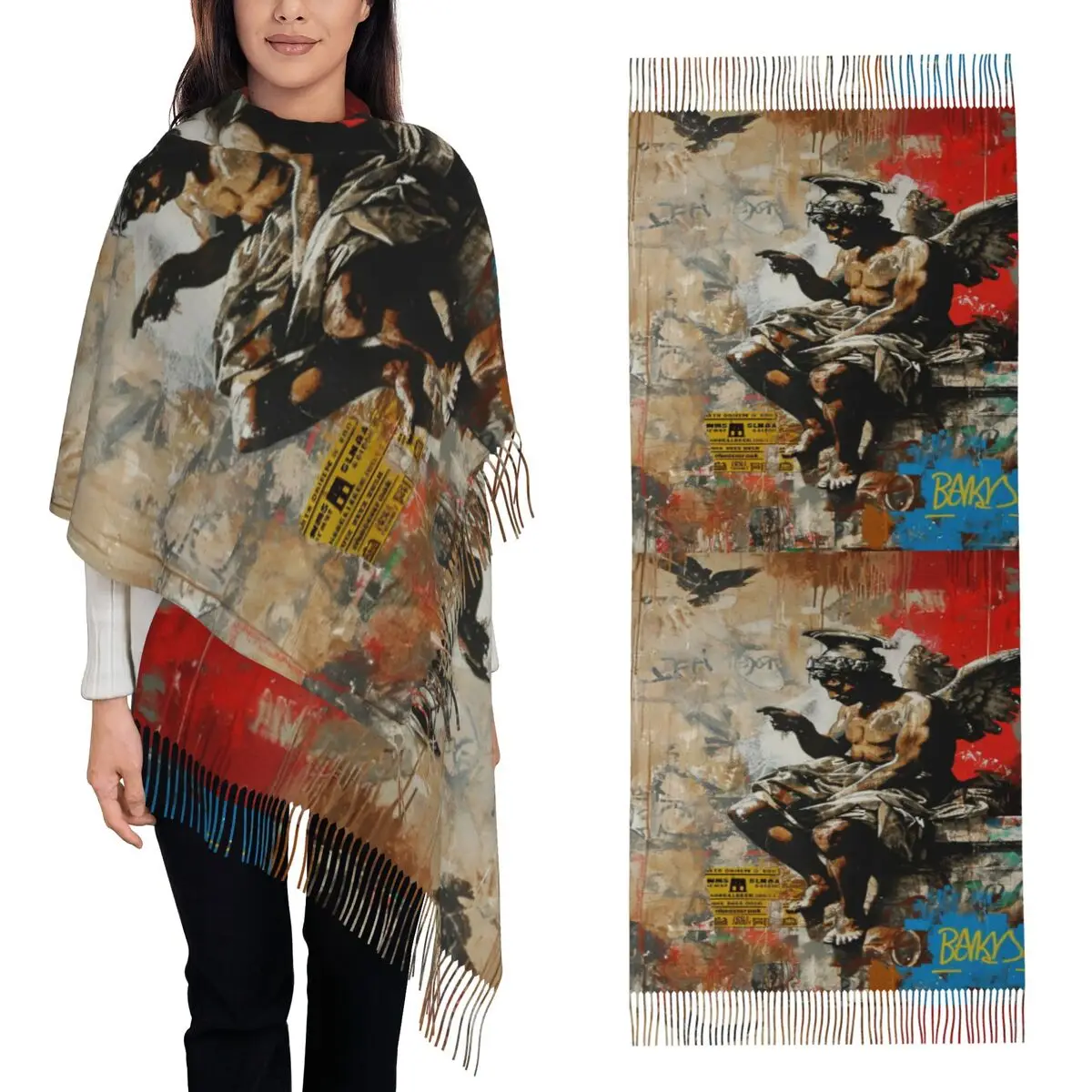 

A Painting Of An Angel Sitting On A Ledge Scarf Tassel Scarves for Women Soft Warm Shawls and Wraps Long Fall Winter Shawl Wrap