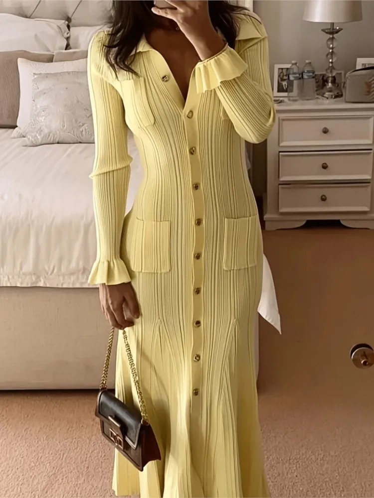 فستان محبوك أنيق للنساء ذو طية صدر السترة النحيفة وأكمام مضيئة وجيوب فساتين نسائية للخريف فساتين طويلة متينة فساتين عصرية #5