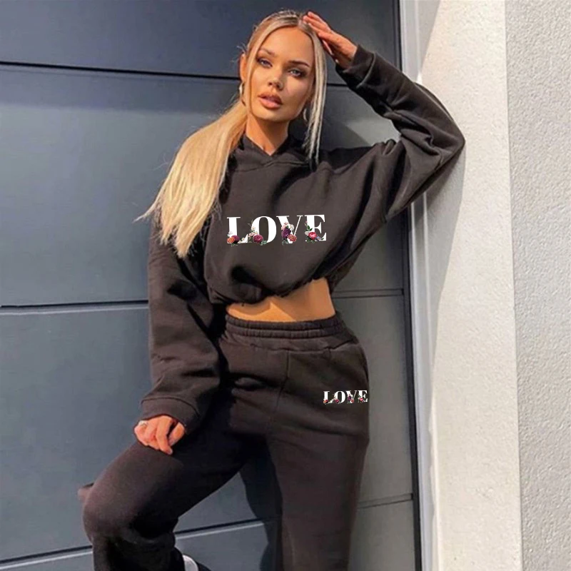 Womens Hooded Tracksuit Drawstring Sports 2 Pieces Set Jogging Pullover Sweatshirts Pants Suit Home Sweatpants Trousers Outfits