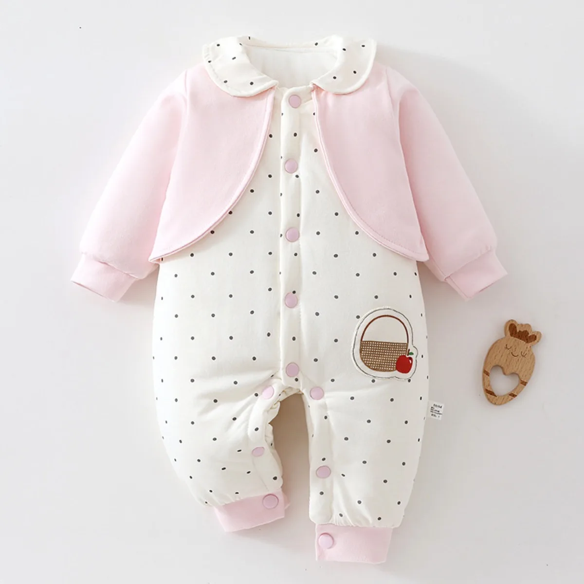 Peter Pan Collar Baby Girl Romper Faux 2pc Polka Dot Jumpsuit Lightly Padded Long Sleeve Soft Infant Onesie 0-18M Autumn Winter