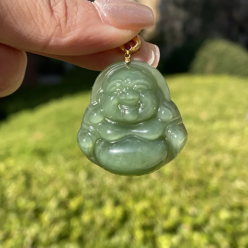 Natural Hotan Pendant 18K Jade Laughing Buddha With'S Eye Effect