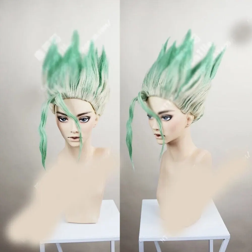 HAIRJOY Anime Dr.Stone Ishigami Senkuu peruka do Cosplay krótkie zielone mieszają włosy syntetyczne