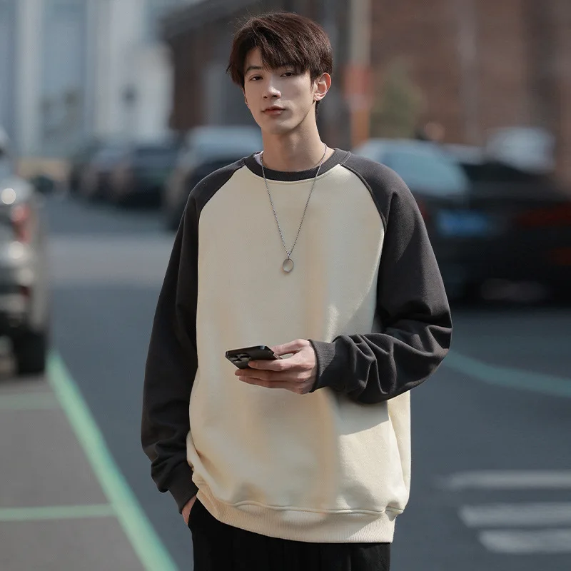 O-Neck Men's Sweatshirt Spring Autumn Loose Casual Preppy Style Simple Long Sleeve Tops Fashion Patchwork Literary Male Pullover