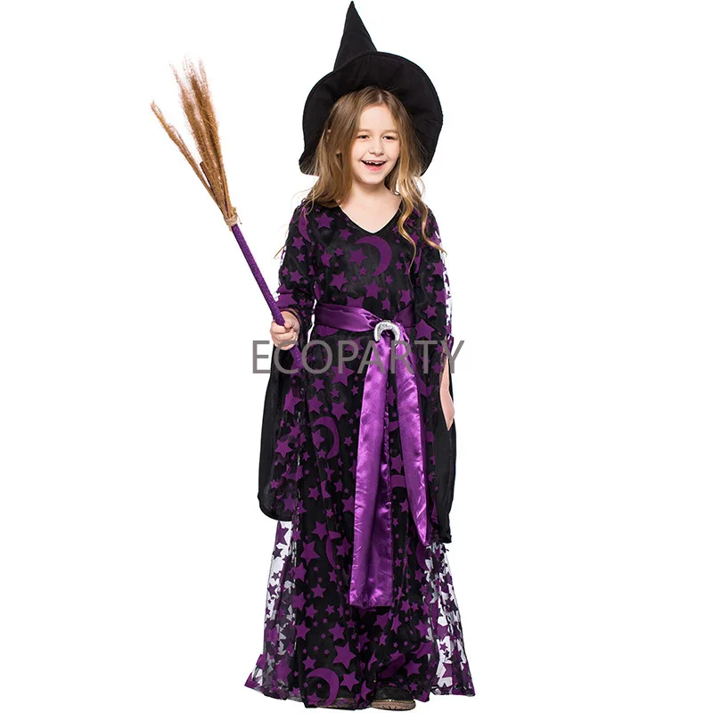 Purple Girls Halloween Sorceress Costumes Kids Magician Witch Gown Cosplay Carnival Purim Masquerade Stage Performance Uniform