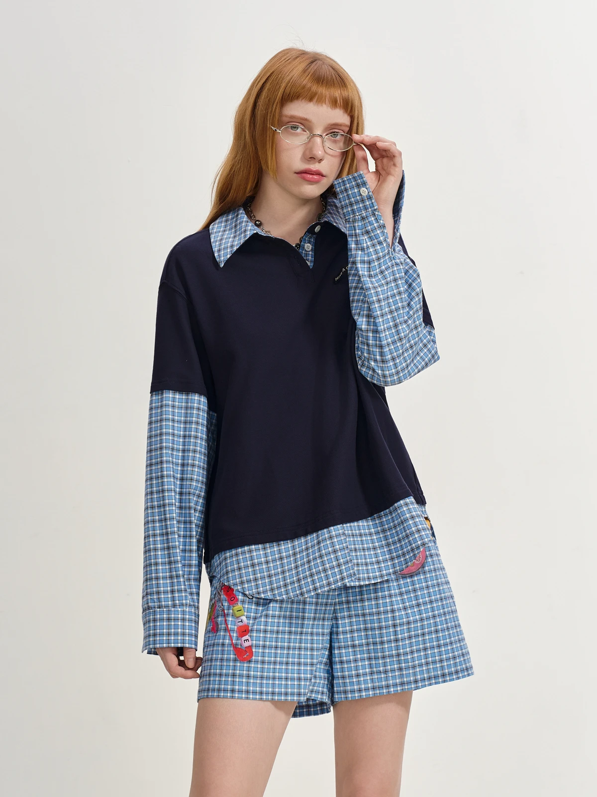 

SOFITTE Loose Long Sve irt Artistic Sle Patchwork Design Cotton Material ex Fake Two-Piece T-irt