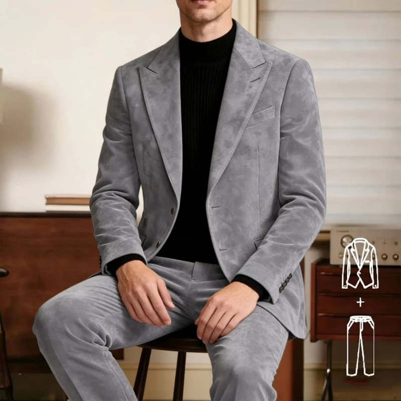 Vintage Men's Suede Tuxedo Suit Slim Fit 2-Piece Set Peak Lapel Formal Blazer with Trousers Sport Coat for Party Business