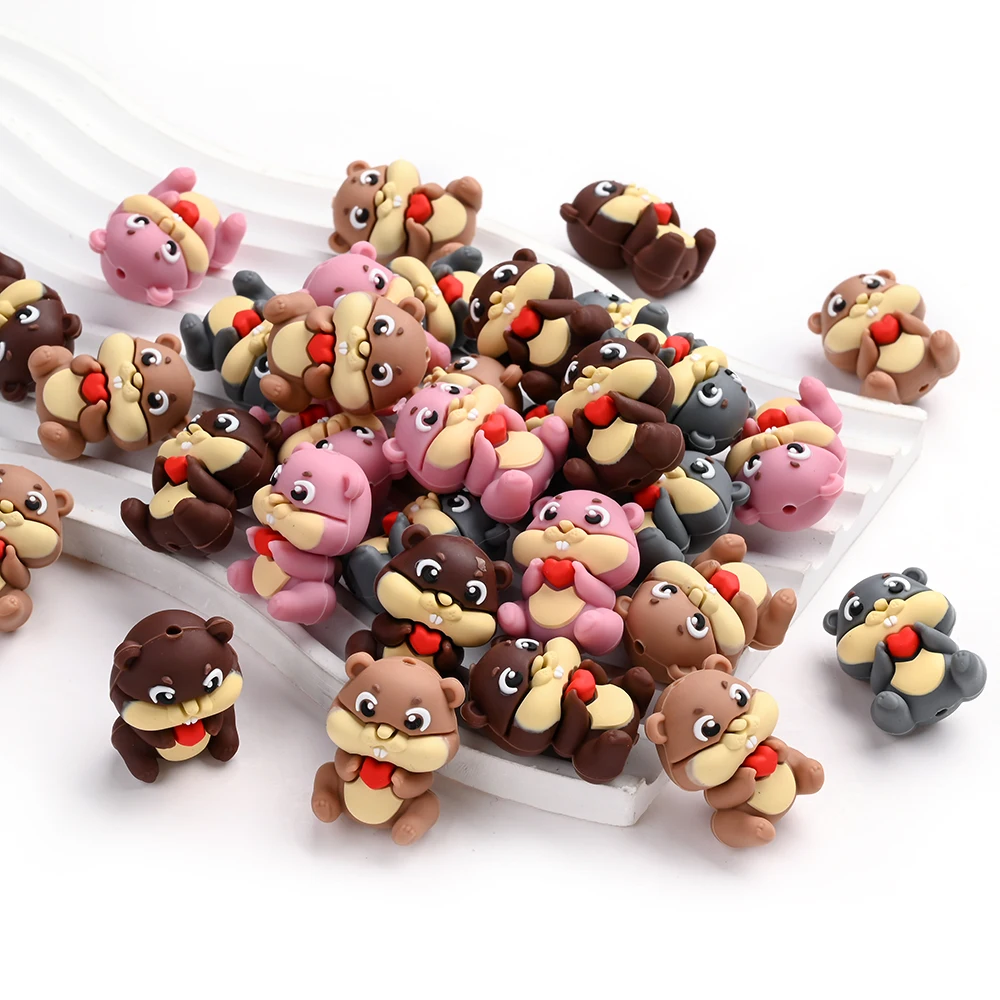4Pcs 3D Squirrel Silicone Beads Cute Animal Focus Bead for DIY Handmade Necklaces Bracelets Pacifier Chains Keychain Making