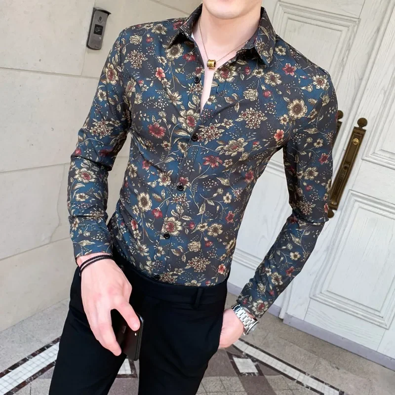 Lente Nieuwe Gepersonaliseerde Bloemenprint Lange Mouwen Shirt Voor Heren Mode Veelzijdige Slank Shirt Koreaanse Street Heren Kleding