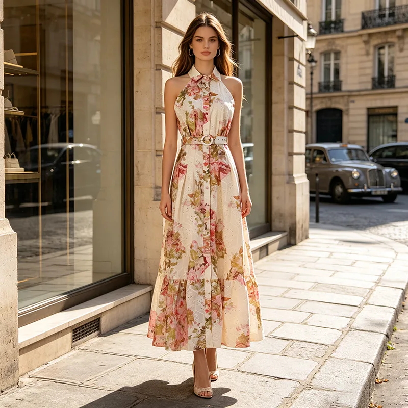 ZAMOR Vintage French Floral Print Maxi Dress 2026 Summer New Sleeveless Lapel Collar Button Front Women