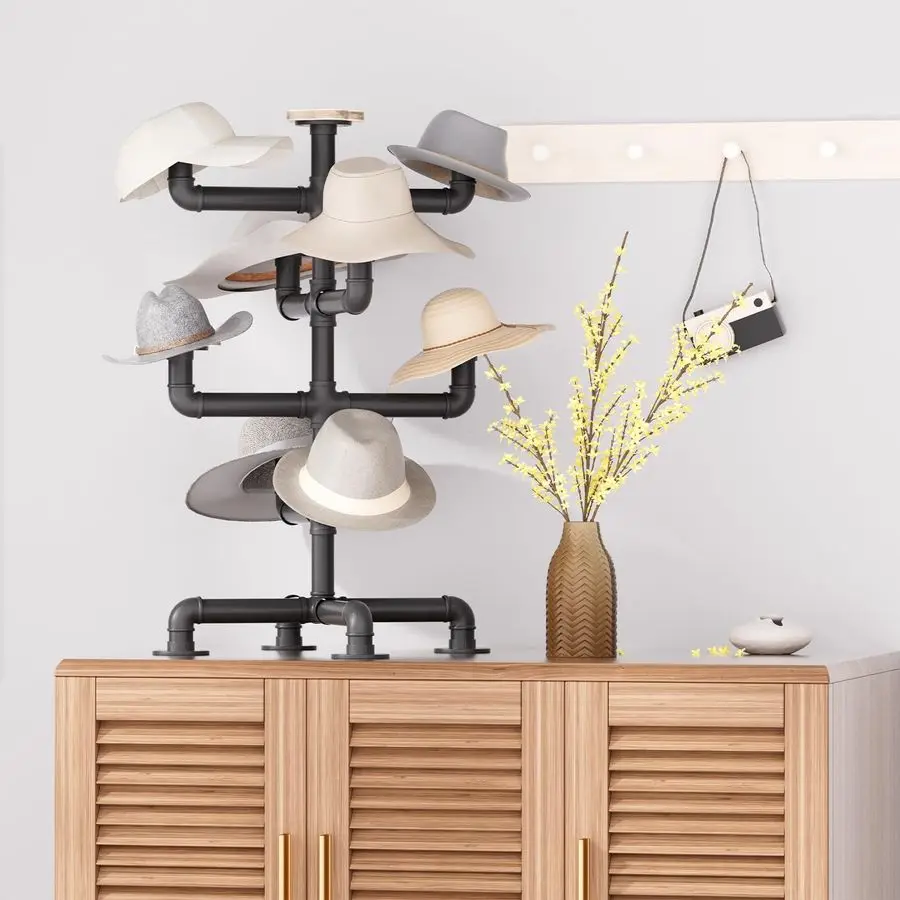 Hat Racks Heavy Duty Metal Pipe Hat Display 8 Rustic Solid Wood Hooks Free Standing Cap Organizer for Hats Wigs Headwear Tableto