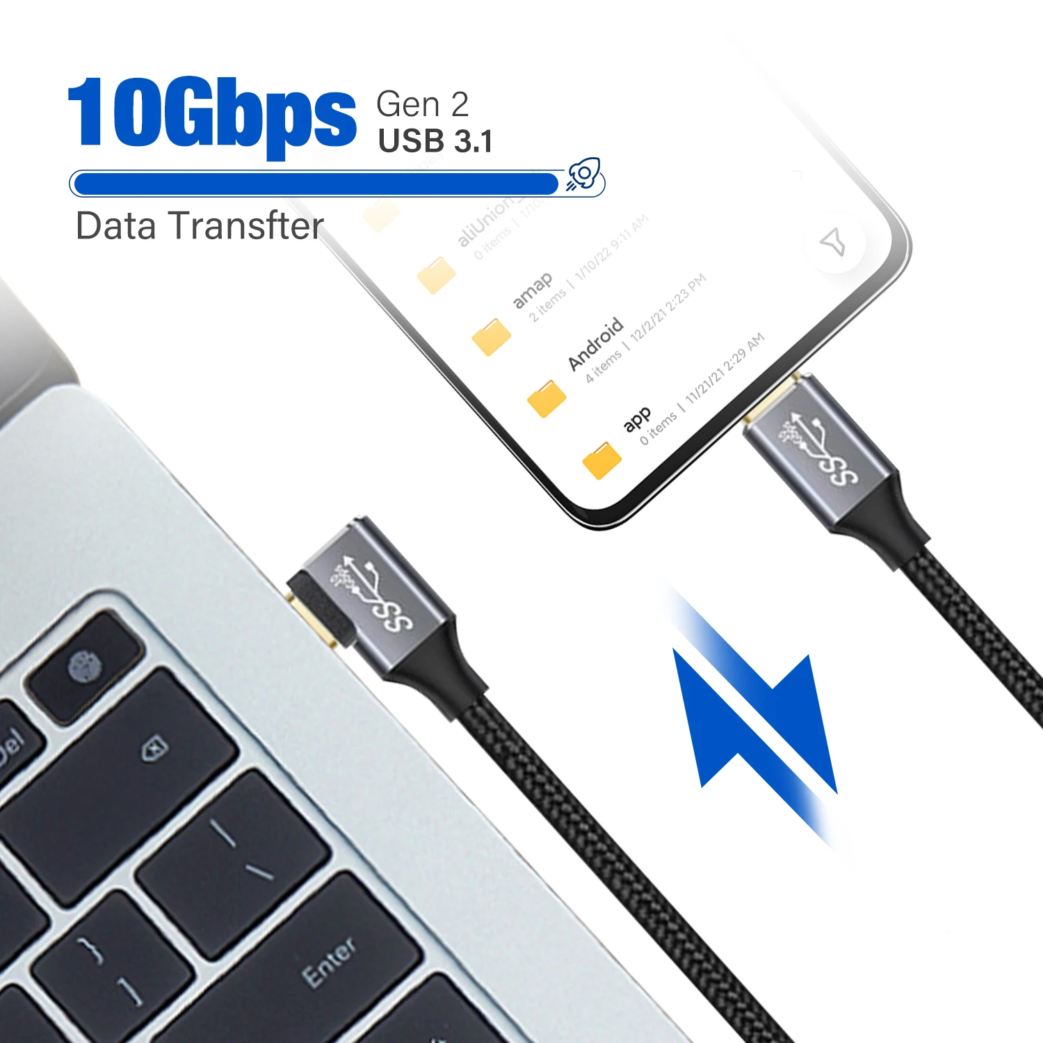 Gold Plated Type C to USB C 3.1 Gen2 10Gbps Cable PD 100W 5A Fast Charging Elbow Cable For MacBook 4k 60Hz Type C Video Cable 3M