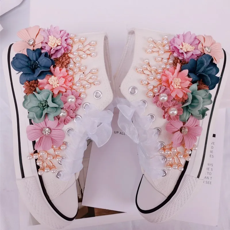 Colorful Flower Pearl Fashion Rhinestone Gauze Lace Up Thick Soled High Top Canvas Shoes Women Sneakers Size 44 Womens Shoes