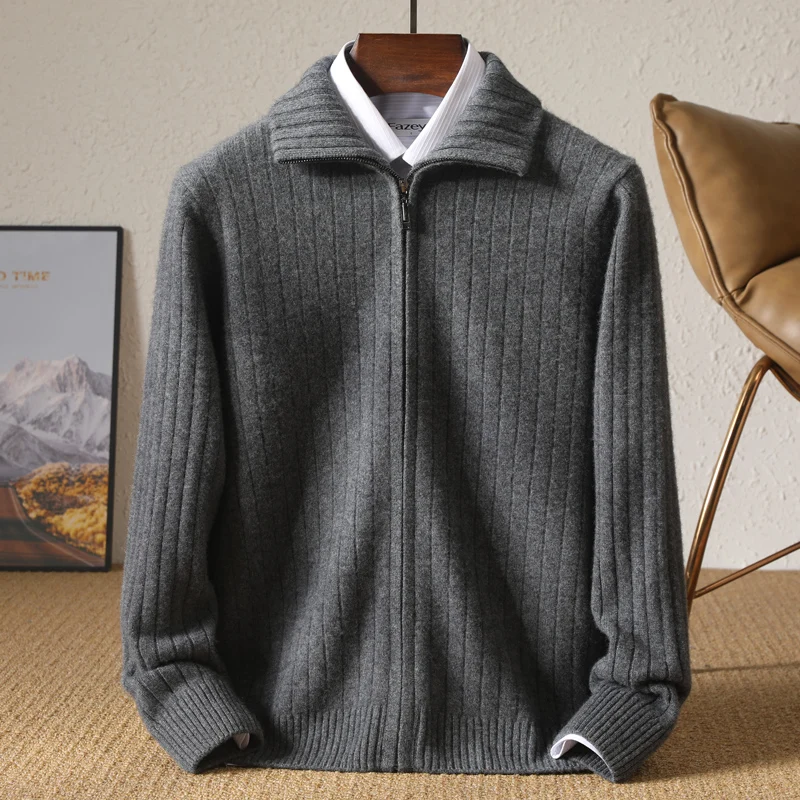 

Men's Coat Winter Thickened New 100% Merino Wool Sweater Business Casual Zipper Lapel Cardigan Long Sleeved Warm Knit Jacket