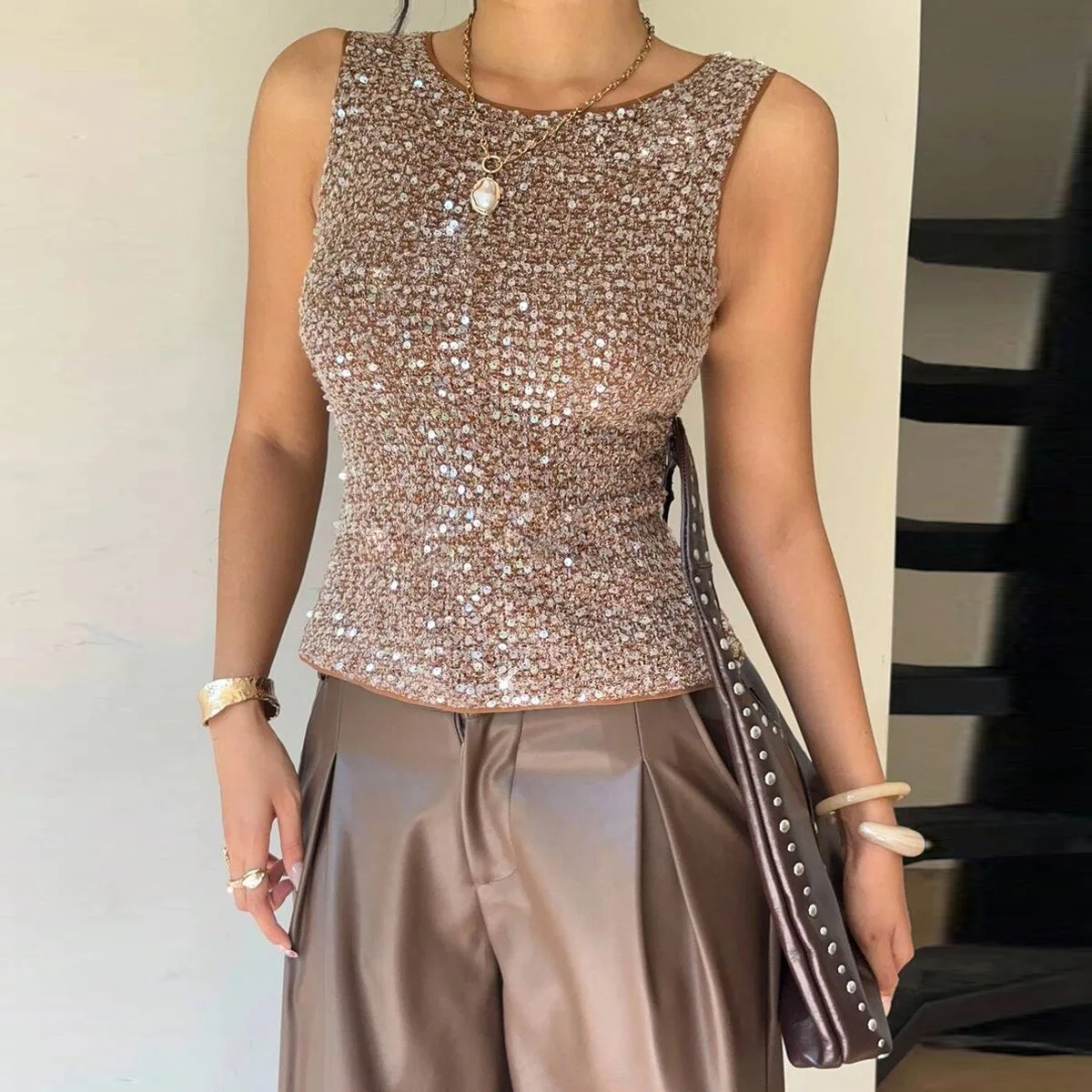 

Women Brown Sequin Tank Tops American Fashion Retro Slim Fit Camisole Spring Summer Elegant Female Shiny Sleeveless Top