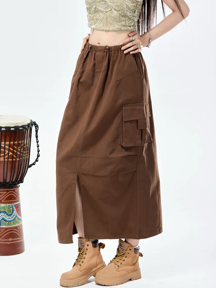 American Retro Brown High Waist A-line Cargo Skirts For Women Y2K Streetwear Casual Split Black Midi Skirt Female
