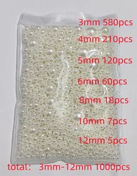 3-12mm Mix Size 1000 pezzi bianco puro/avorio perla Wtraight Non fori perline di plastica rotonde per ricamo e creazione di gioielli