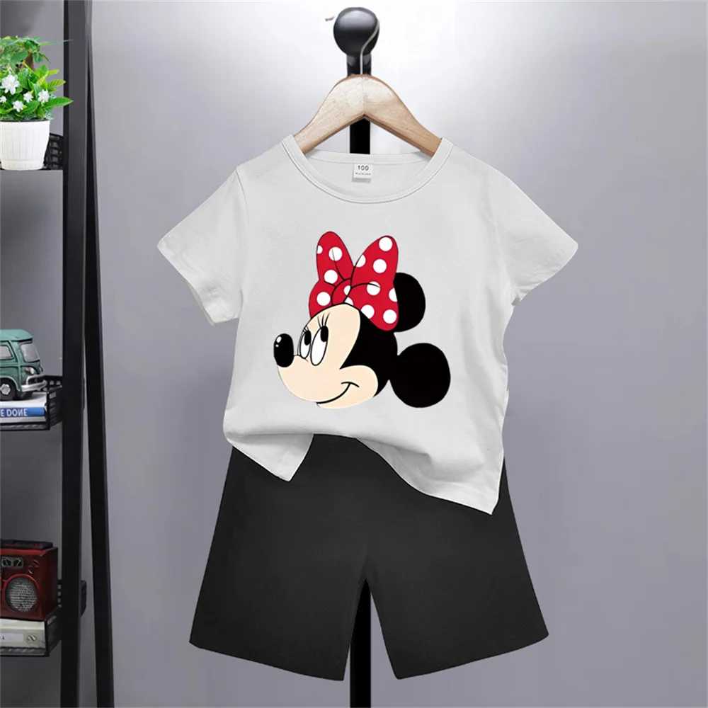 Summer 2024 Cute and Fun Disney Cartoon Boys Girls Printed T-shirt + Shorts Set Top Cotton Short Sleeve Shorts Gift