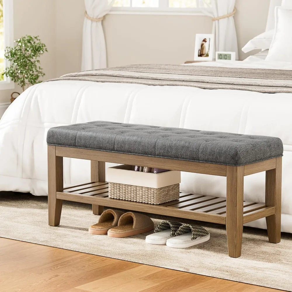 مقعد تخزين نهاية السرير، مقعد أحذية مدخل 42.9 مع رف من الخشب الصلب، مسند منجد مع مقعد مبطن لغرفة النوم والقاعة