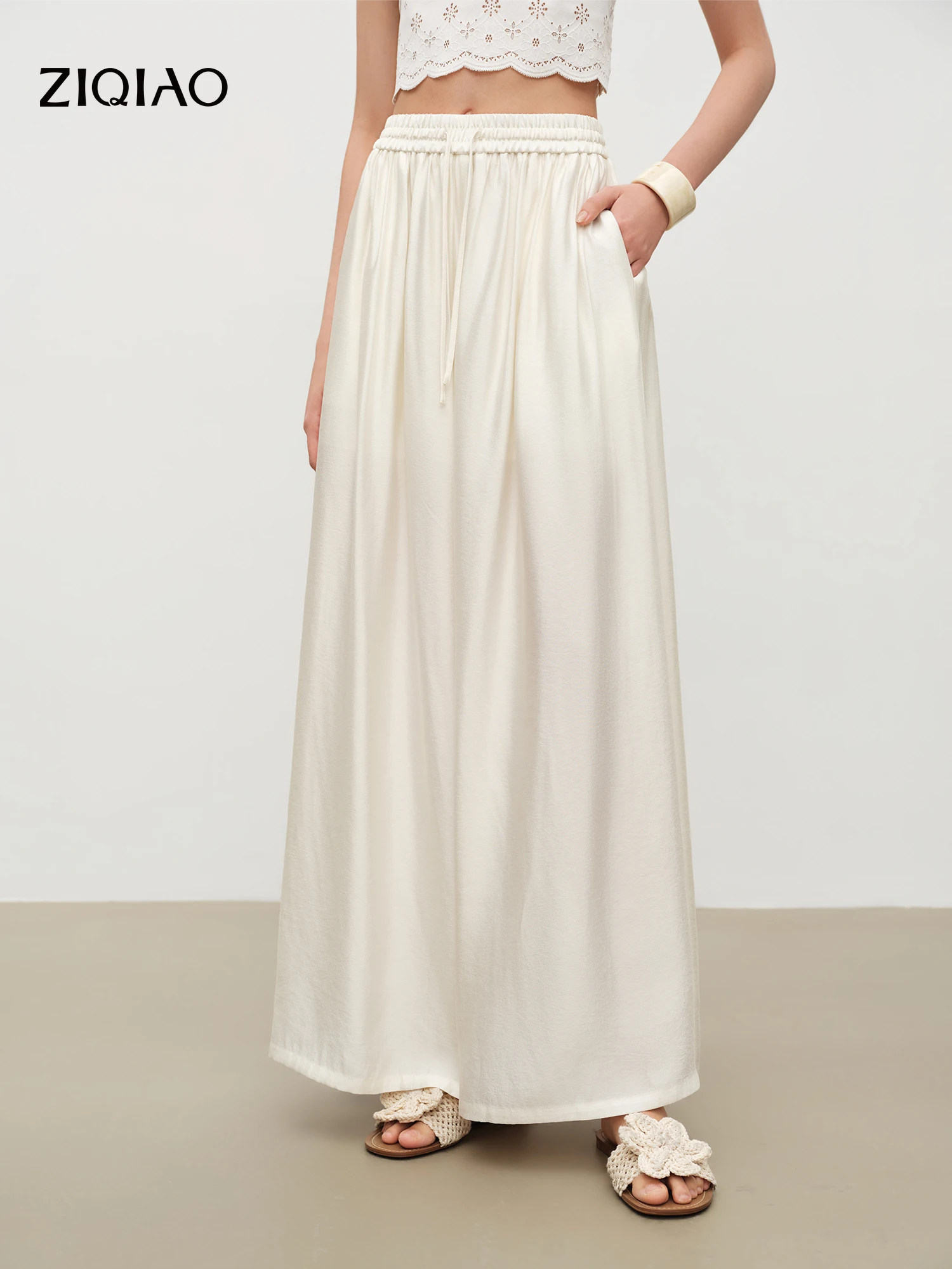 ZIQIAO Women's Wide-leg Culottes Flowing Drape New Summer Style for 2026 Elastic Waistband Glossy Pants Solid Leisure